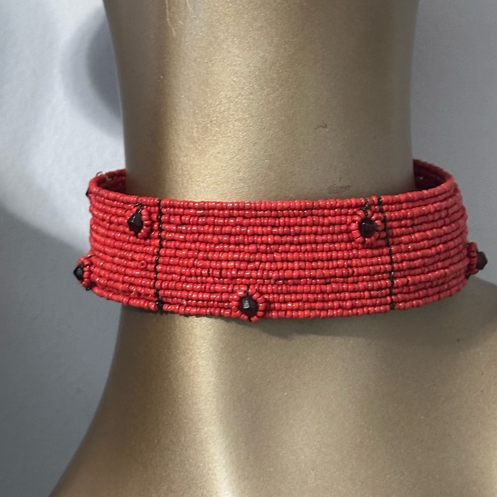 Red Seed Bead Choker Necklace